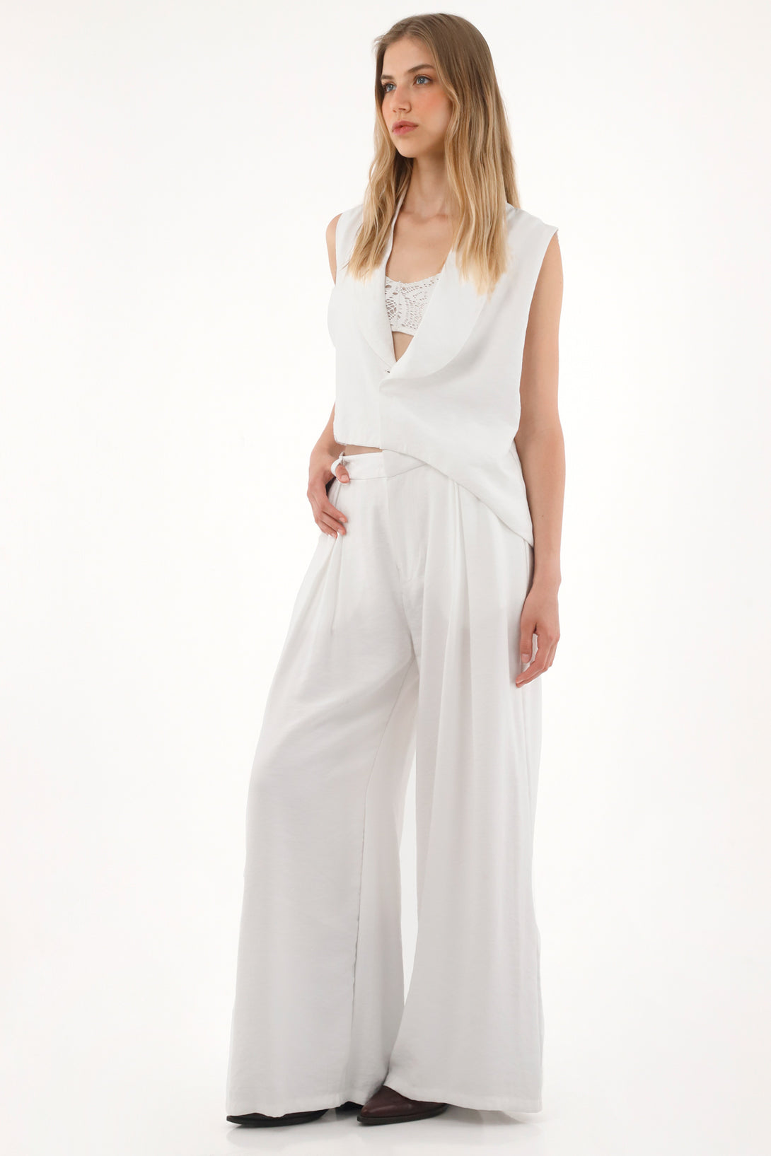Women's Asymmetrical White Vest with Lapel