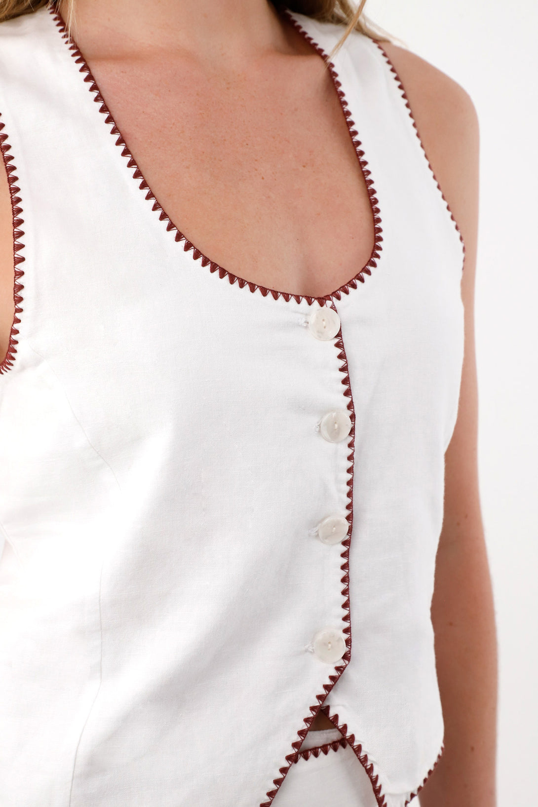 Women's White Deep V-Neck Linen Look Vest
