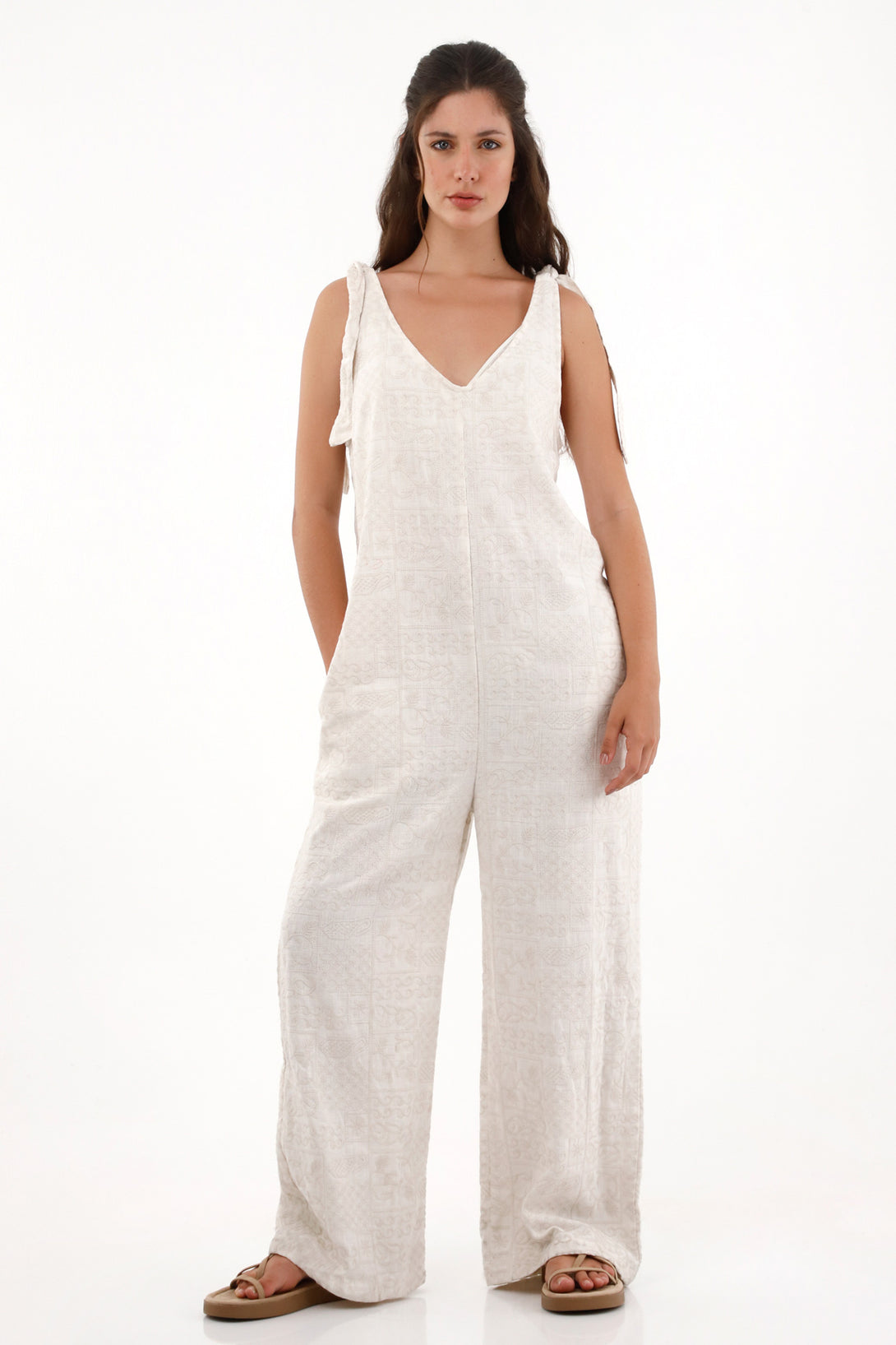 Overall largo en tela bordada crudo para mujer