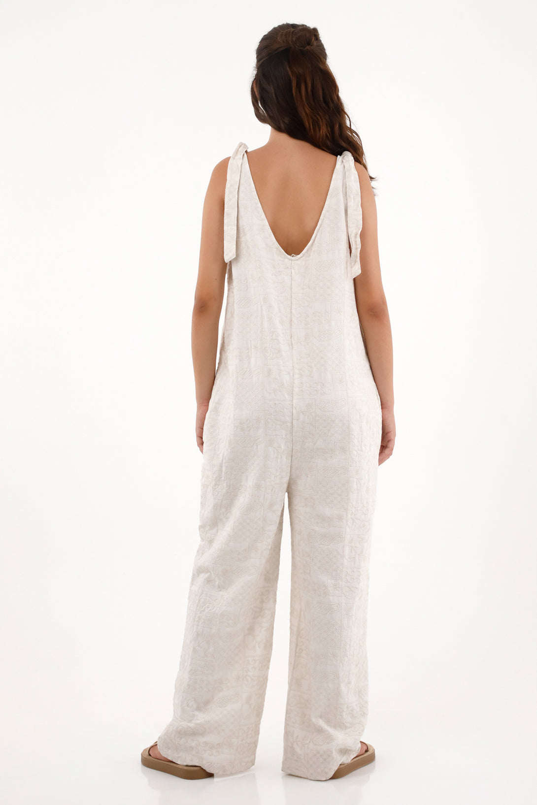 Overall largo en tela bordada crudo para mujer