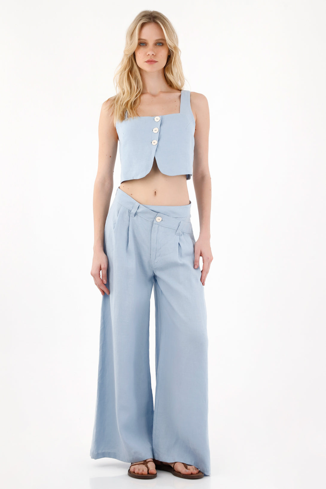 Women's Blue Crop Vest in 100% Linen