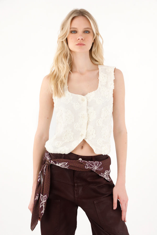 Women's Embroidered Overlay Vest in Beige