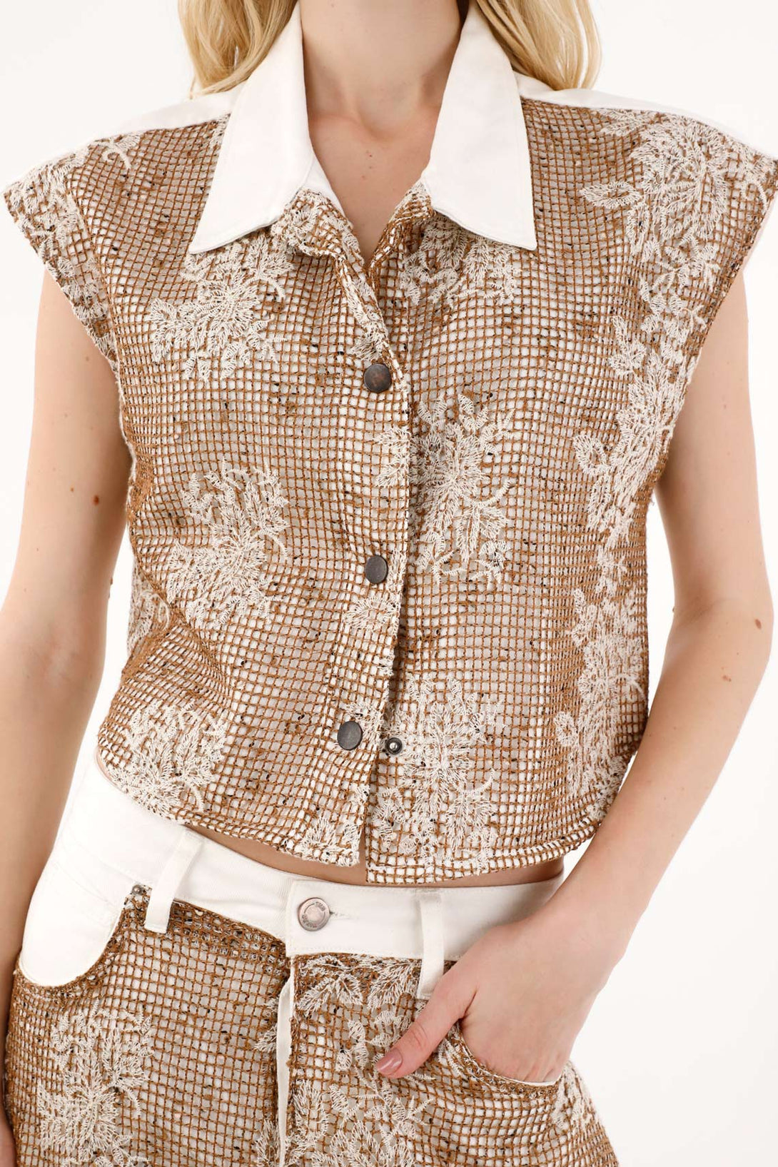 Women's Crème Layering Vest with Embroidered Overlay