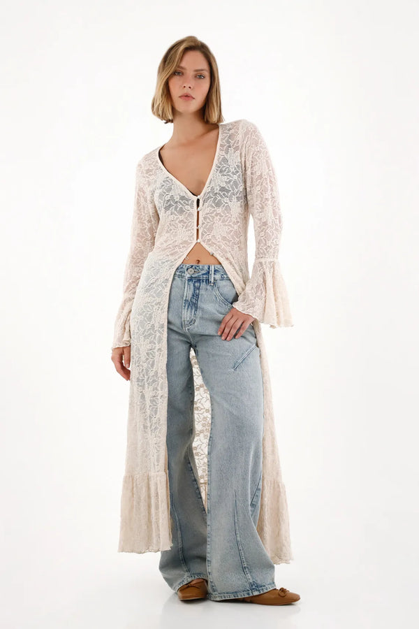 Kimono con boleros y tela texturizada crudo para mujer