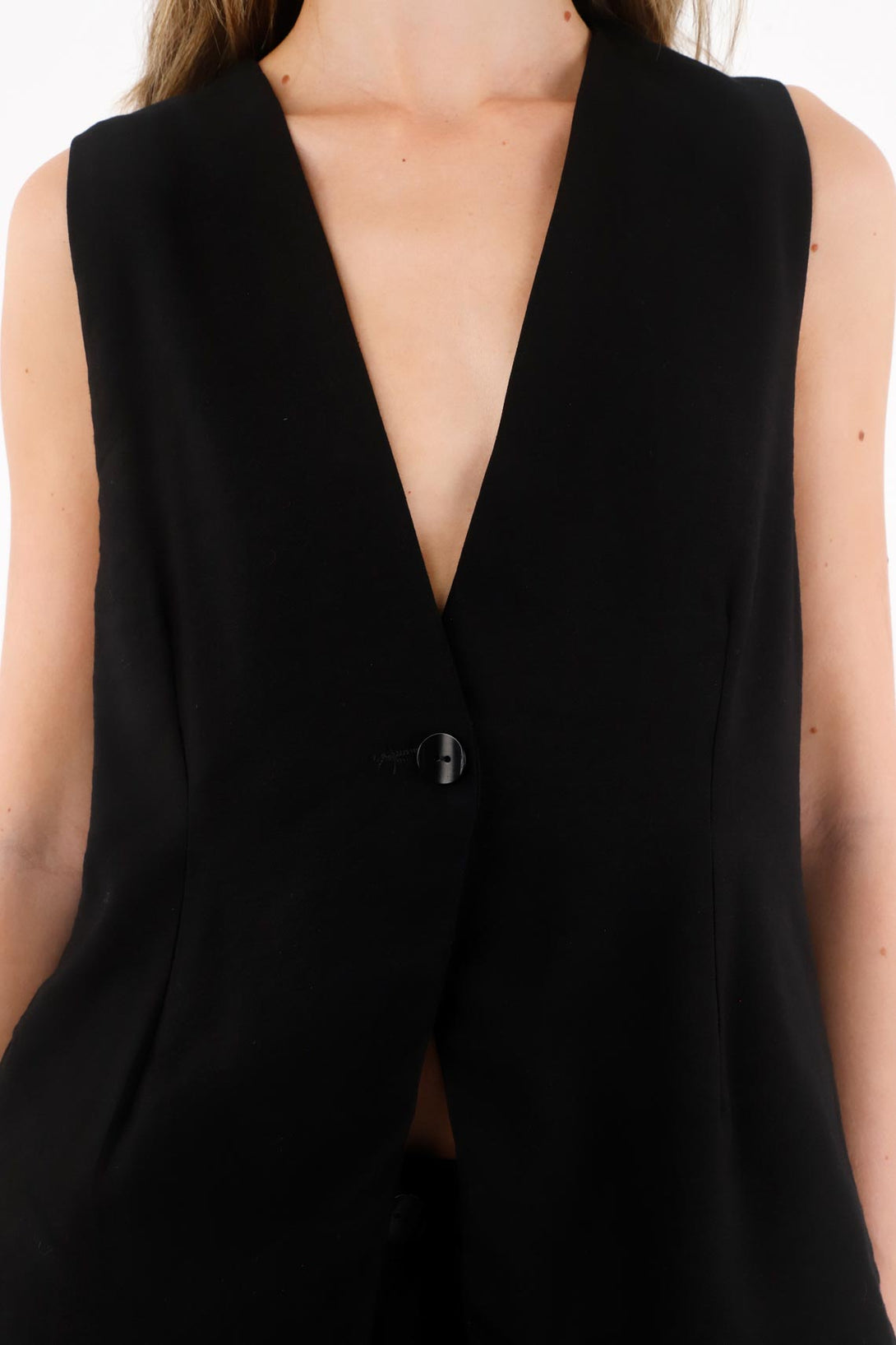 Chaleco largo con espalda cruzada negro para mujer