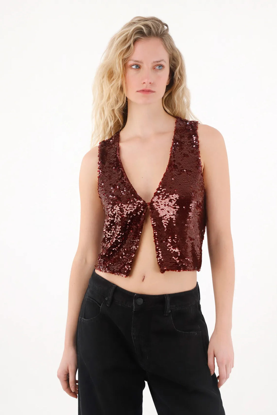Chaleco en lentejuelas con abertura para mujer