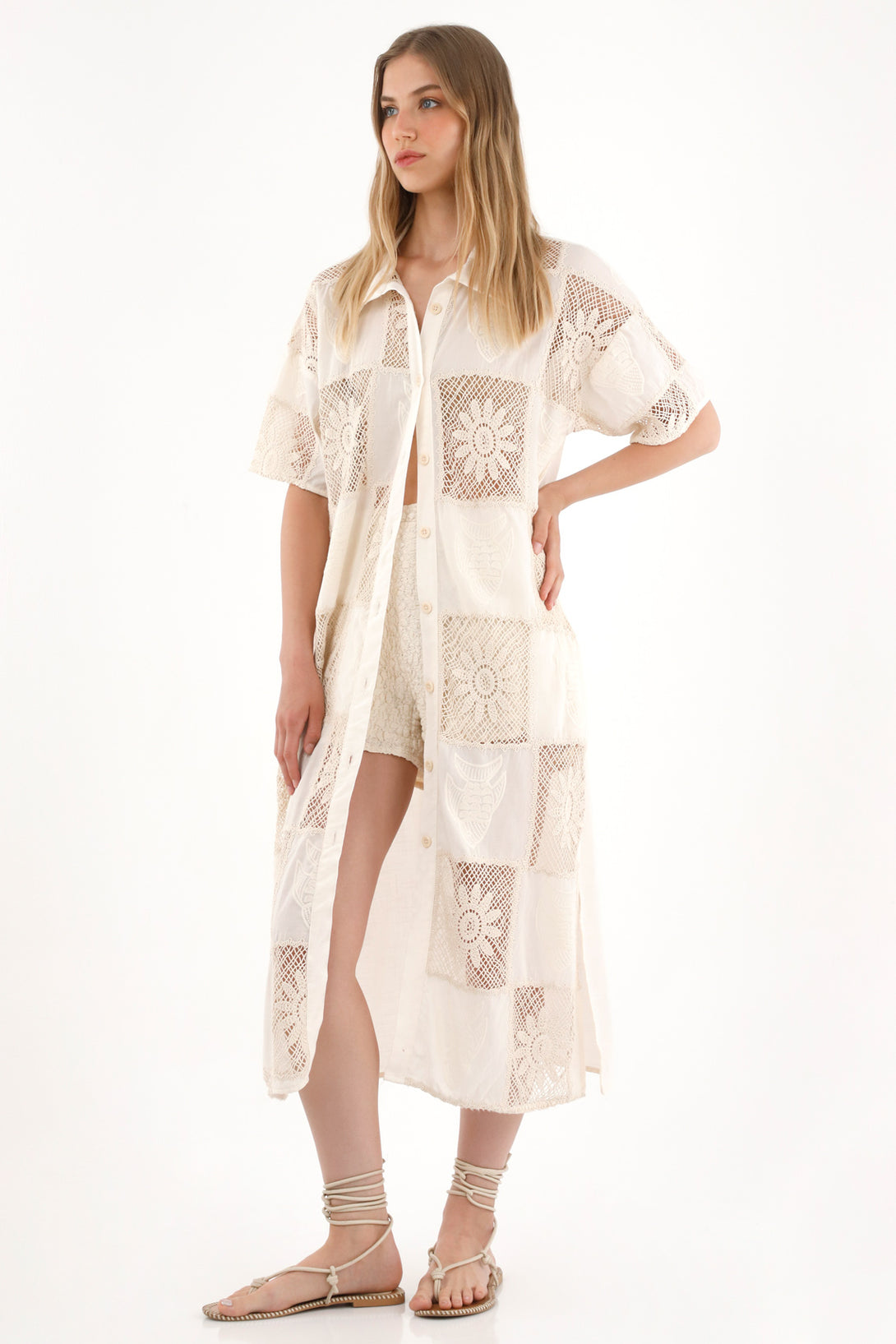 Long Button-Up Shirt in Cream for Women