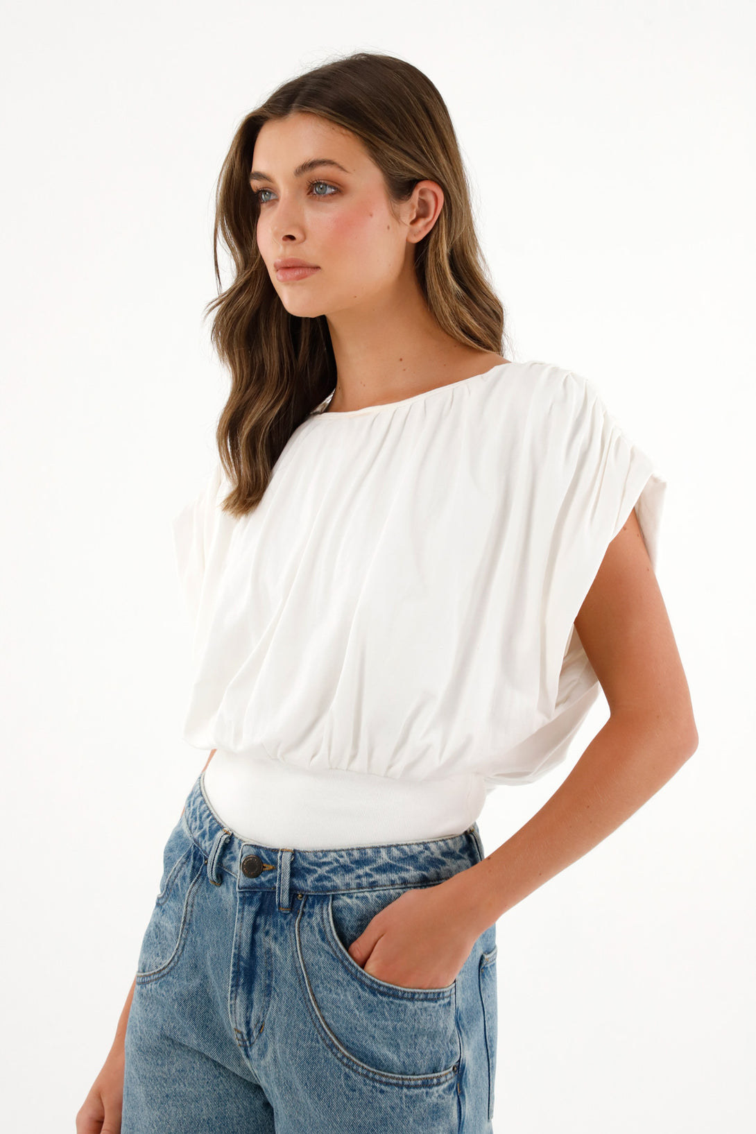 Women's Cream Draped Design T-Shirt