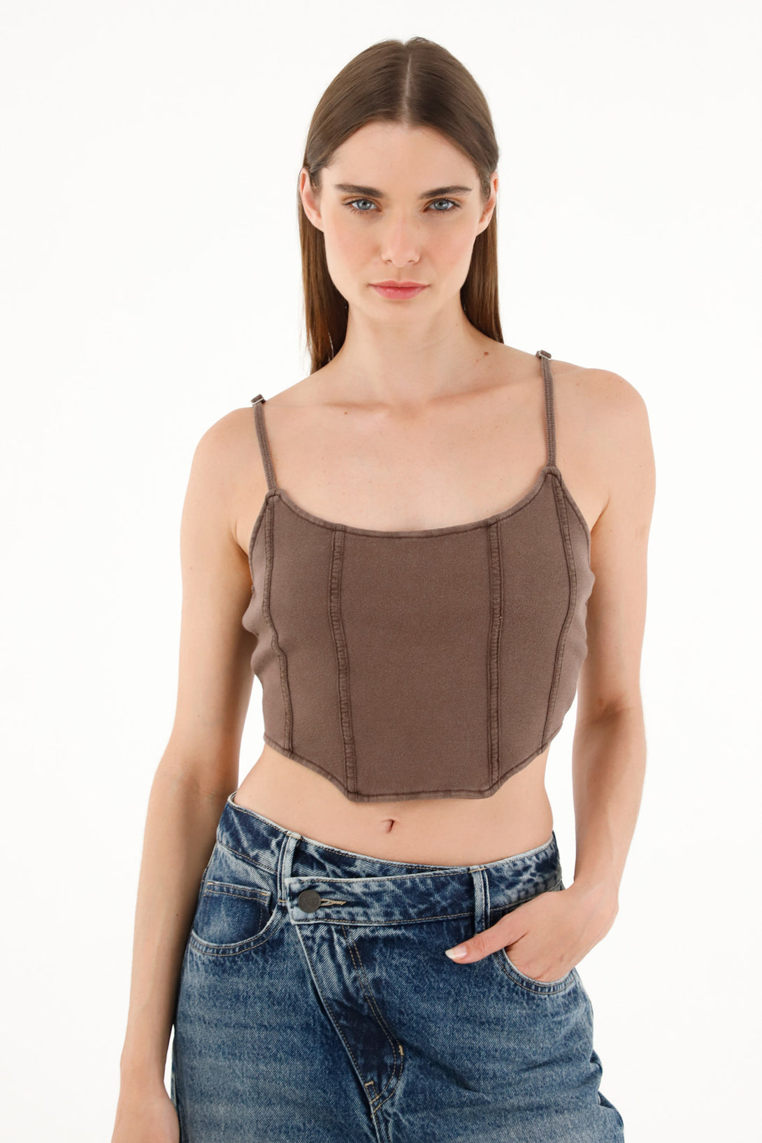 Women's brown ribbed crop top
