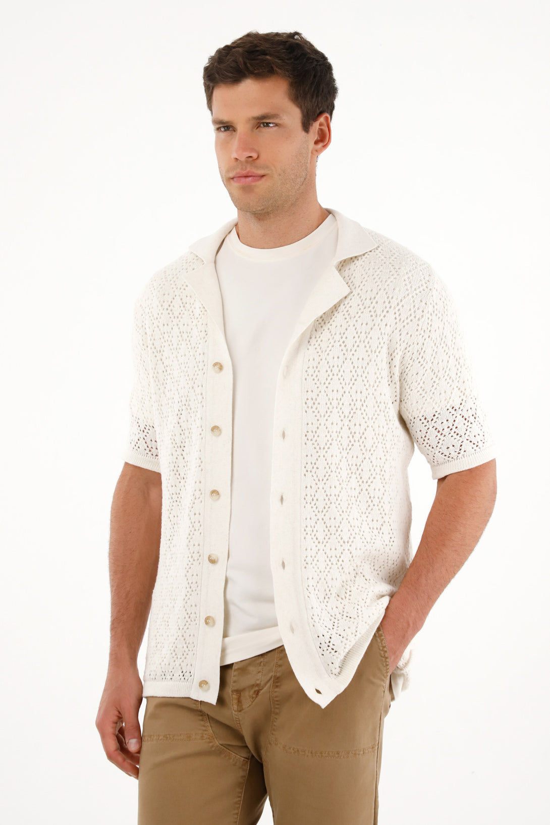 Men's Cream Open Knit T-Shirt