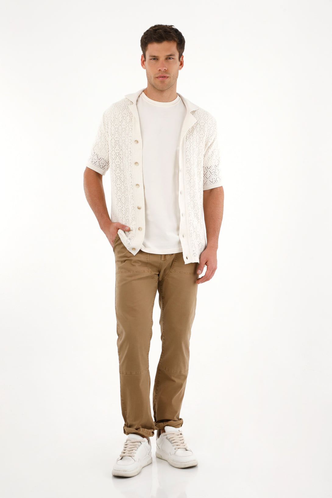 Men's Cream Open Knit T-Shirt