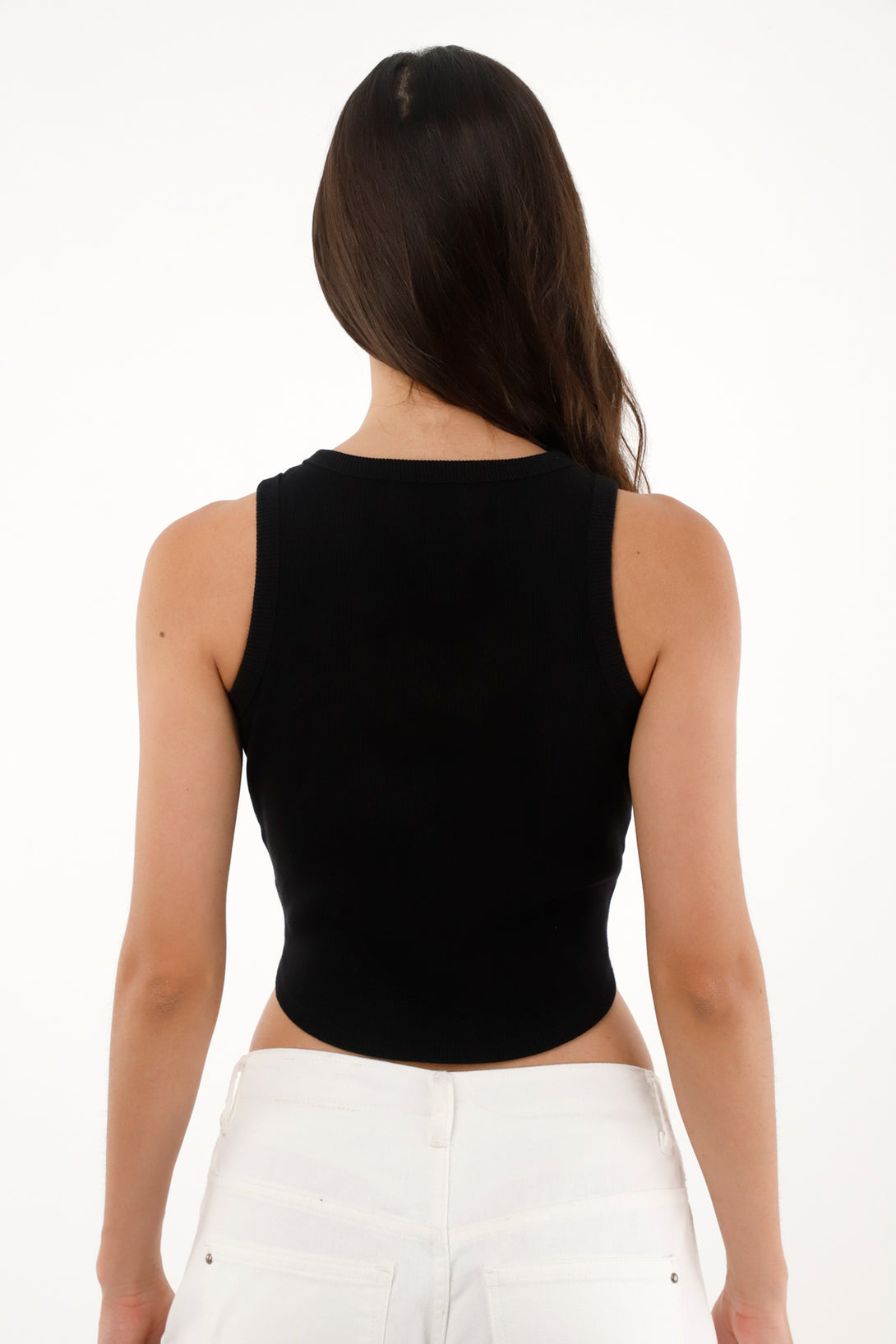 Camiseta en rib con ruedo curvo negra para mujer