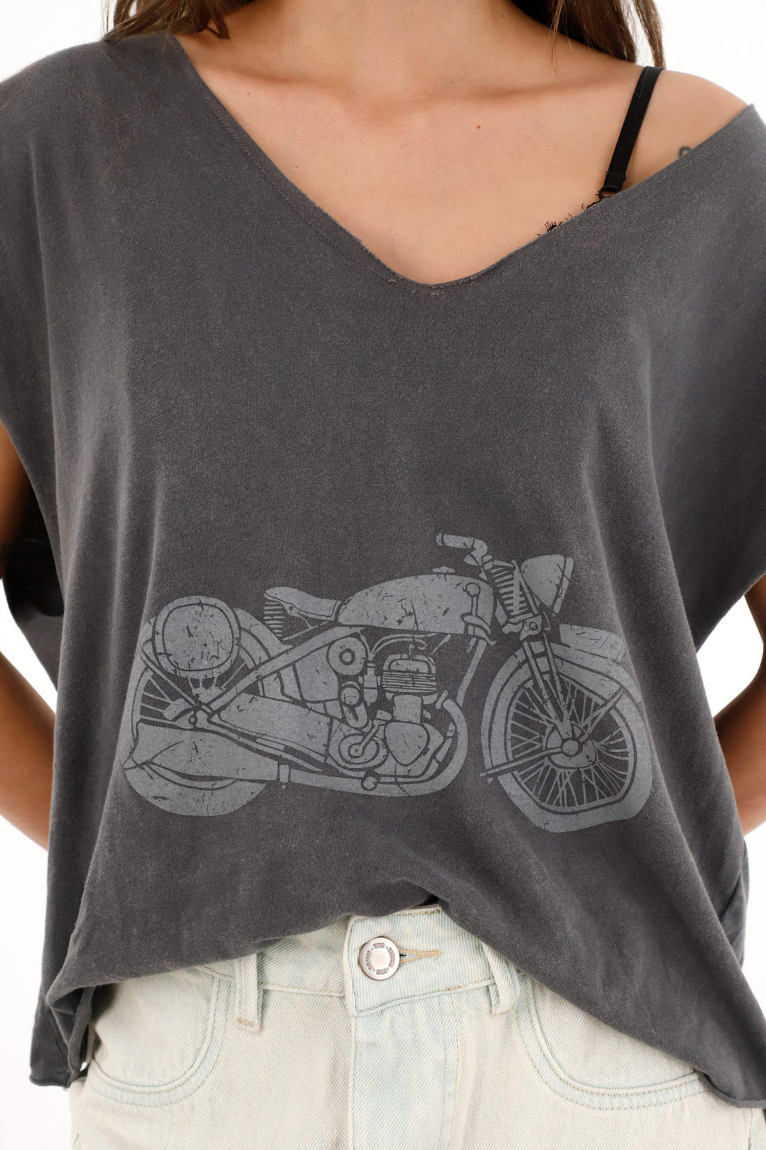 Women's oversized gray motorcycle print t-shirt