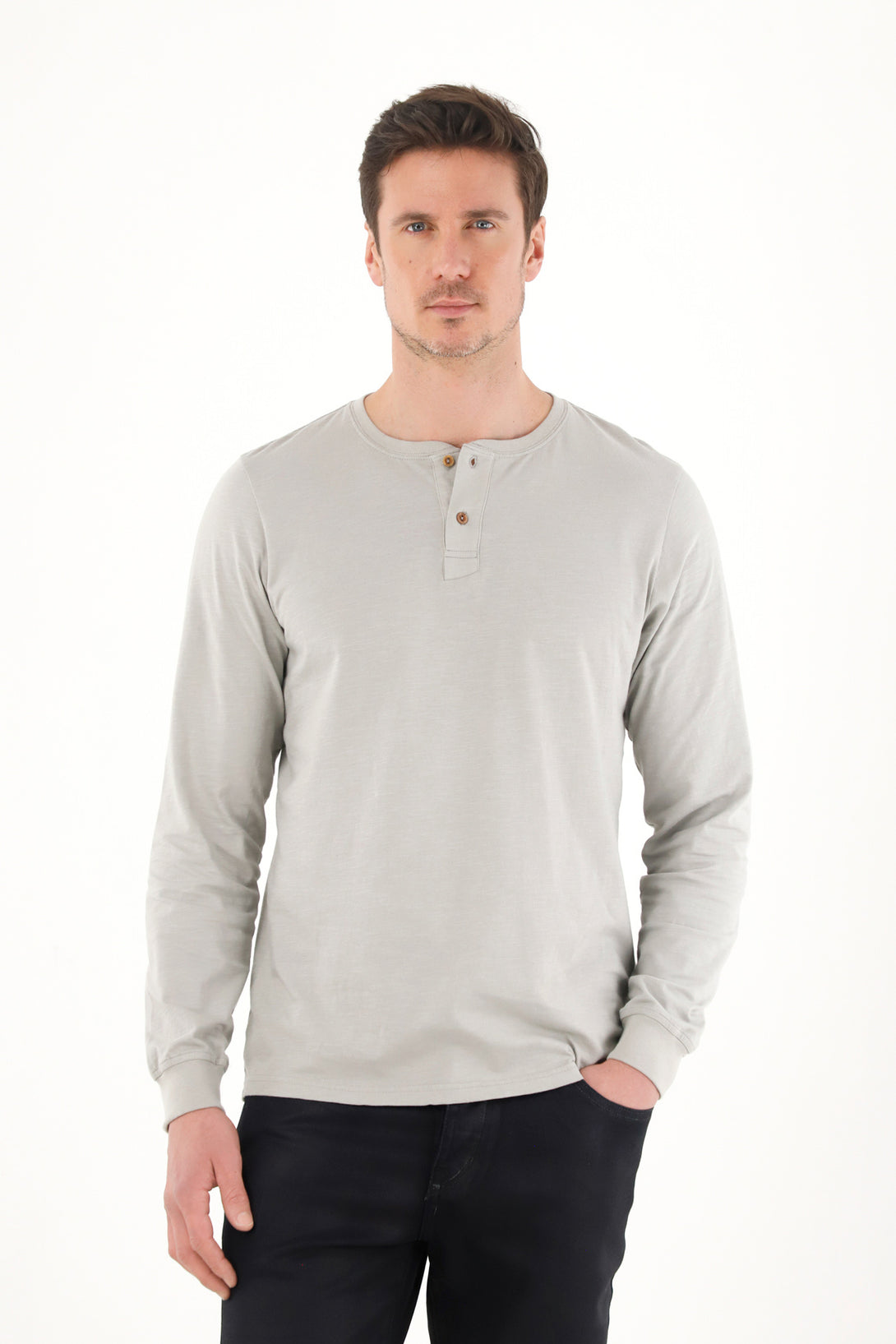 Camiseta manga larga con perilla gris para hombre