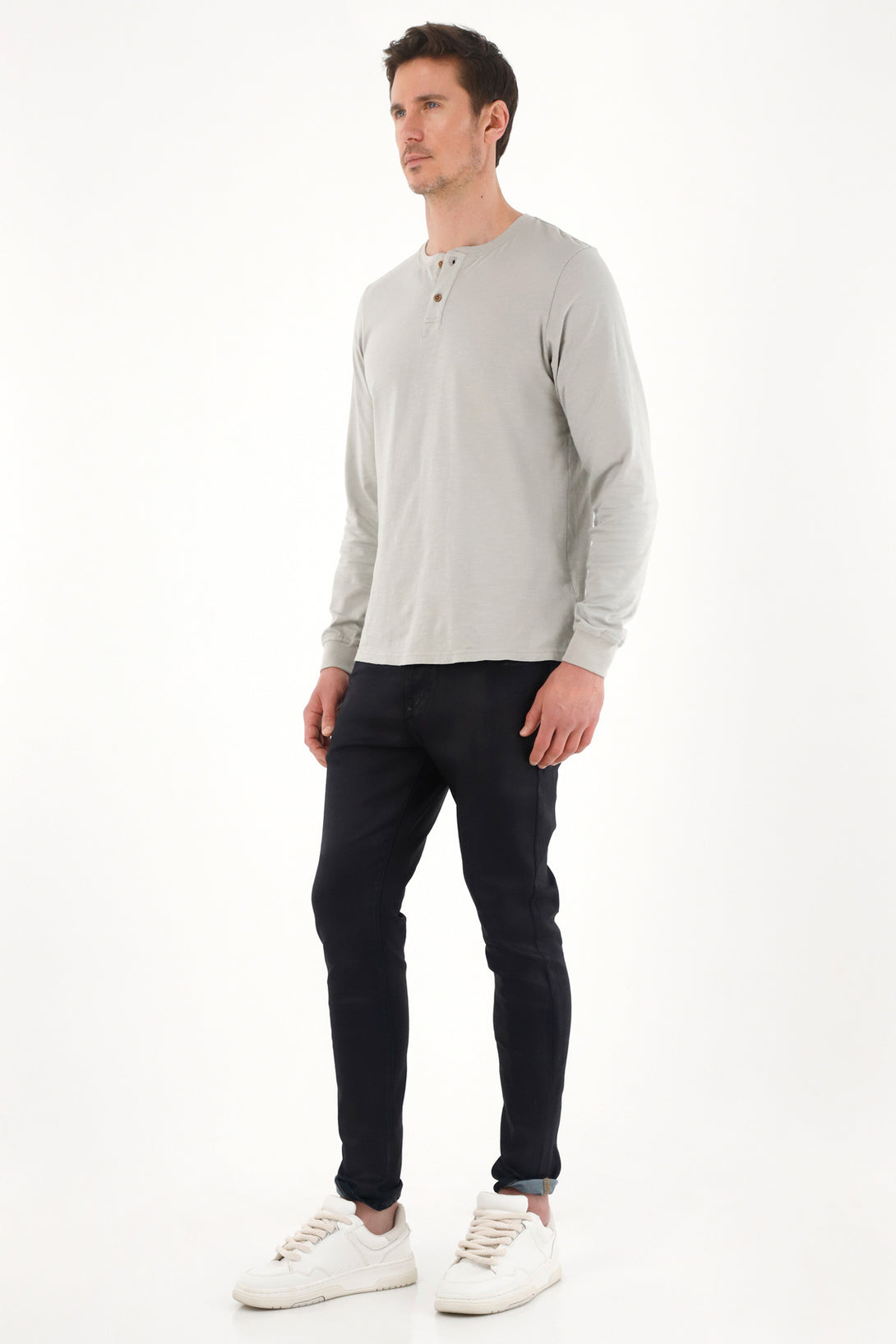 Camiseta manga larga con perilla gris para hombre