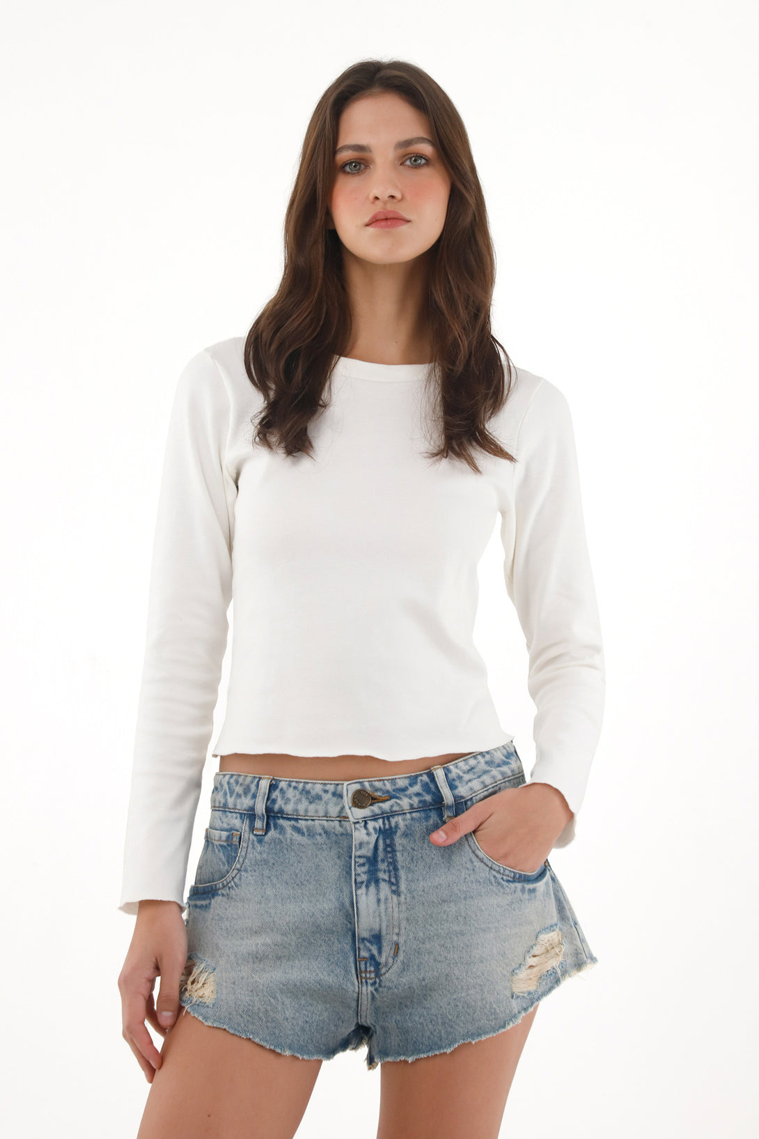 Camiseta manga larga ajustada crudo para mujer