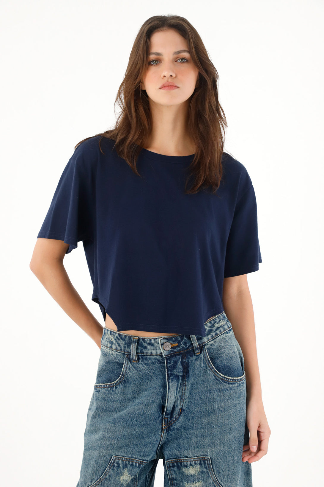 Camiseta amplia con cortes laterales azul para mujer