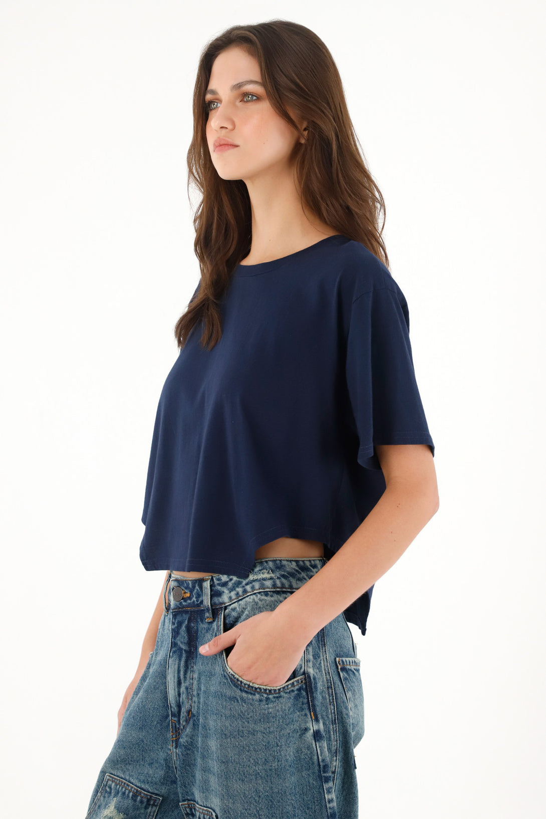 Camiseta amplia con cortes laterales azul para mujer
