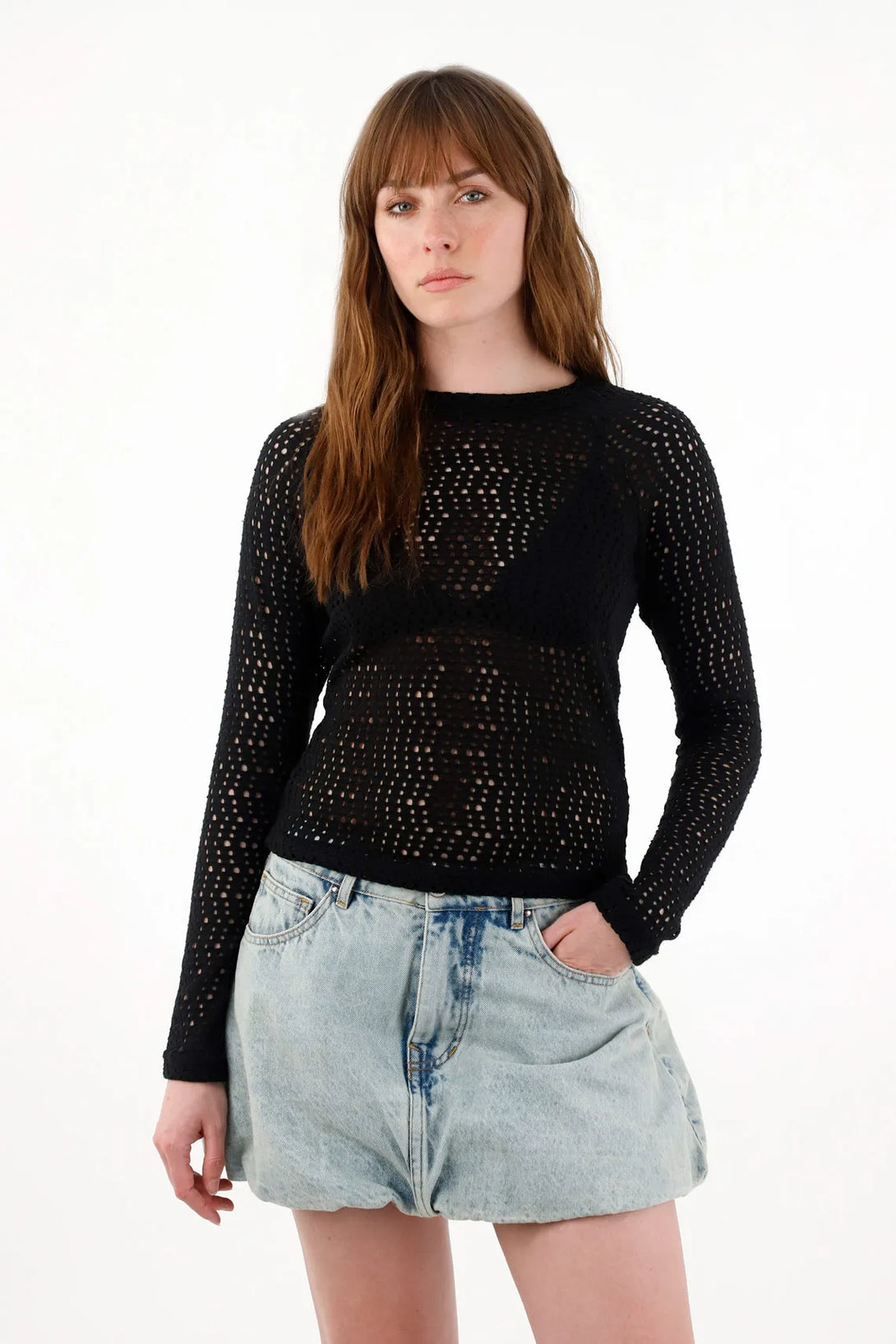Black High Neck Knit T-Shirt for Women