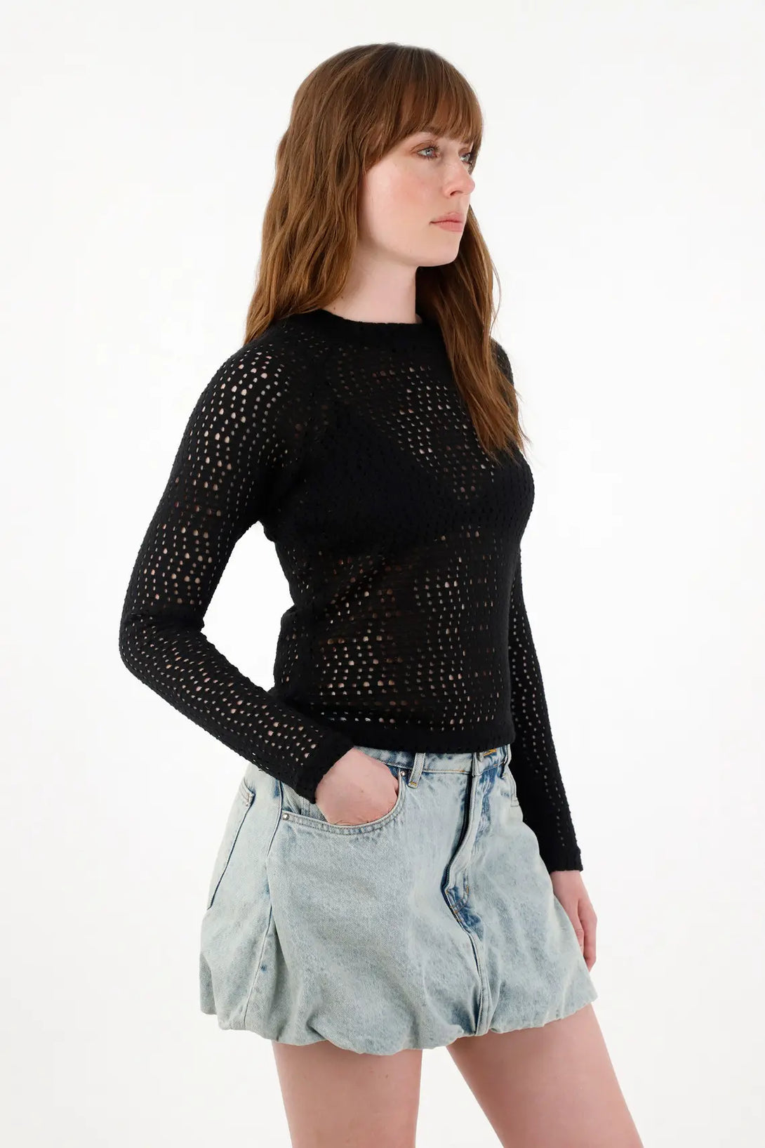 Black High Neck Knit T-Shirt for Women