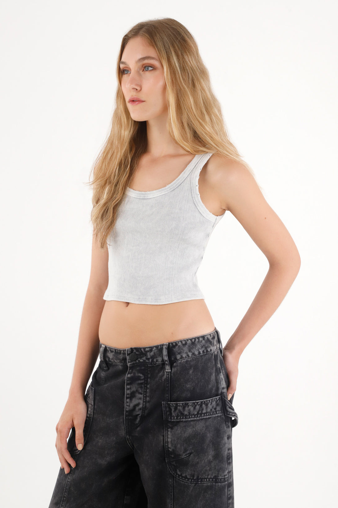 Camiseta tipo esqueleto en rib gris para mujer