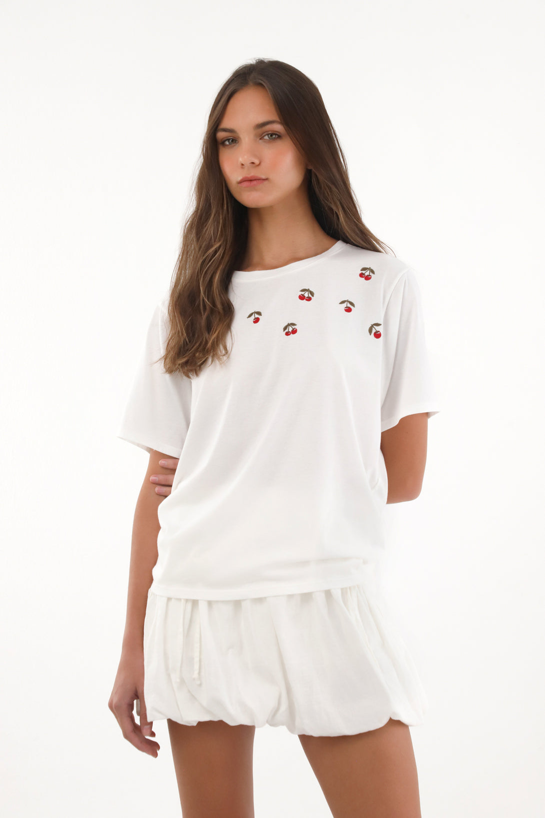 Women's Cream Cherry Embroidered T-Shirt