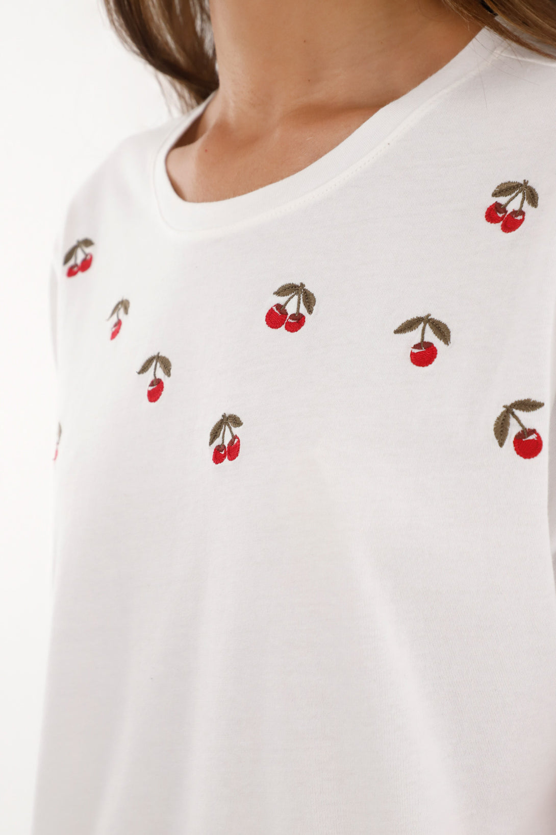 Women's Cream Cherry Embroidered T-Shirt