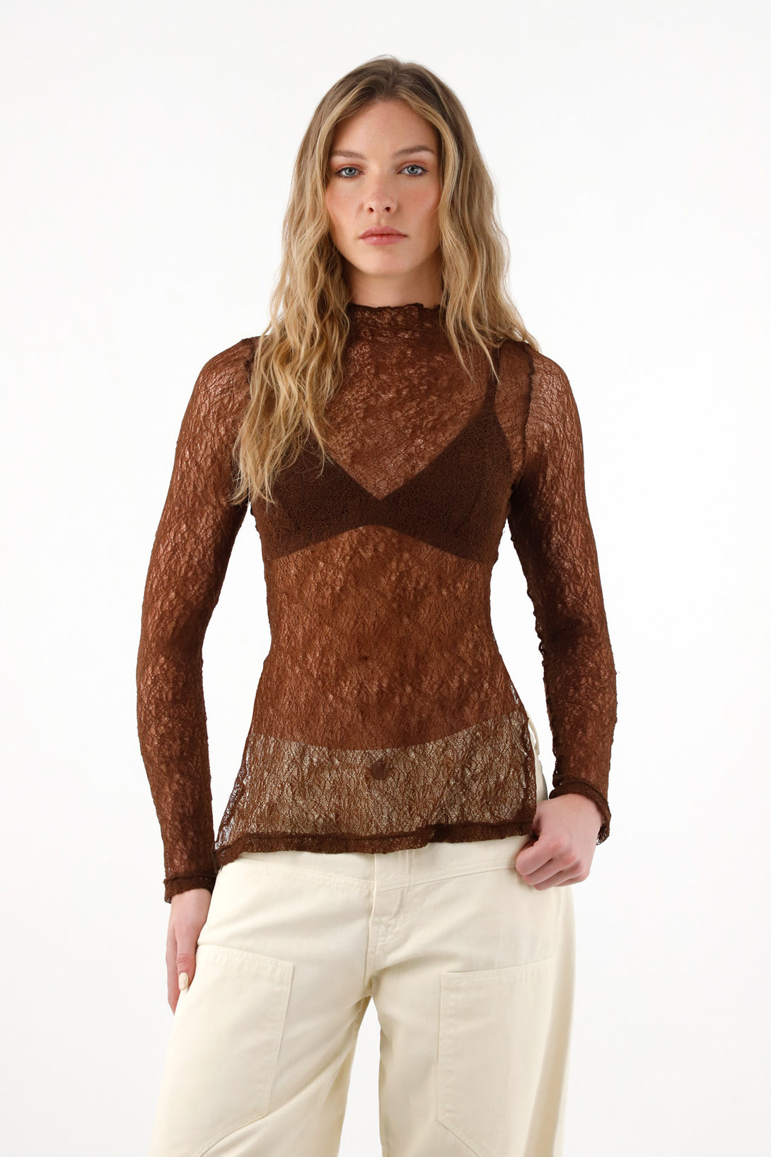 Women's Textured Long Sleeve Top in Brown