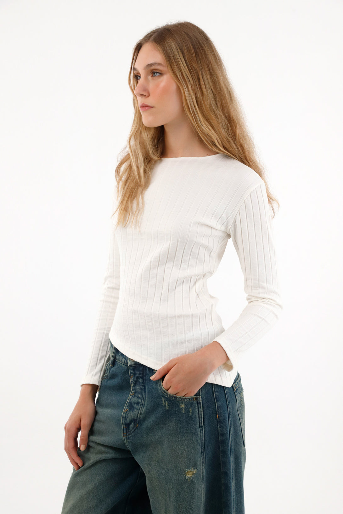 Women's Asymmetrical Long Sleeve Ribbed Top