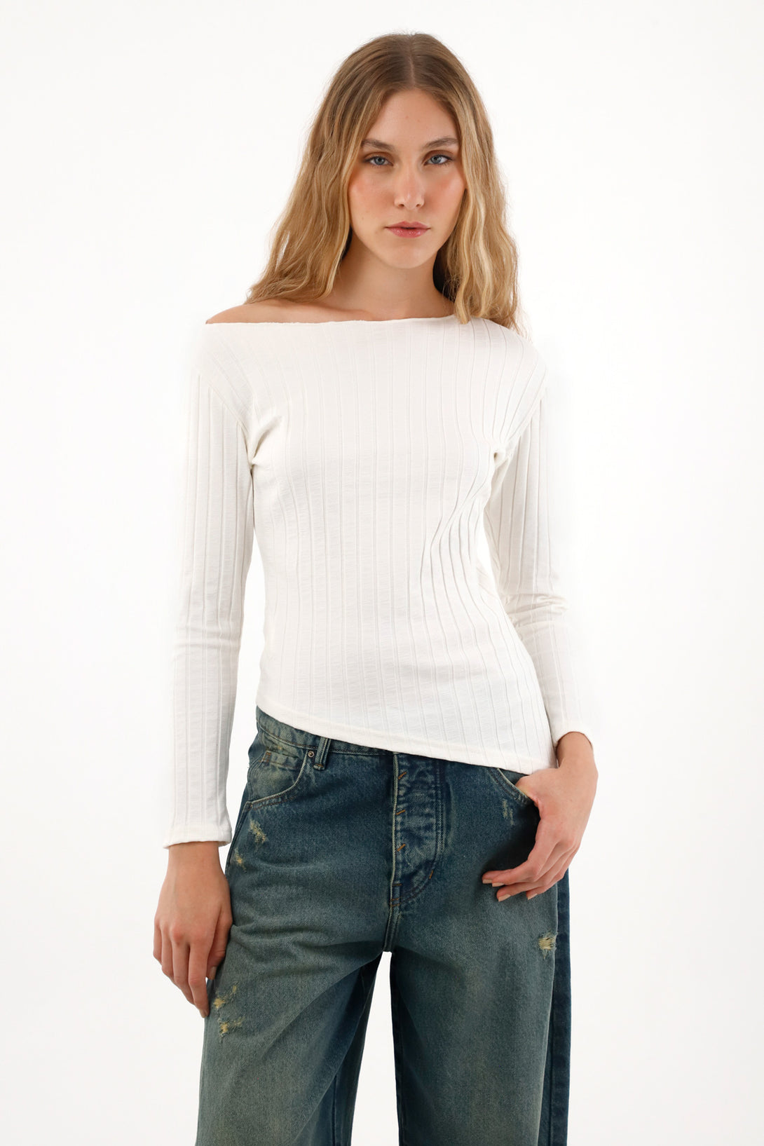 Women's Asymmetrical Long Sleeve Ribbed Top