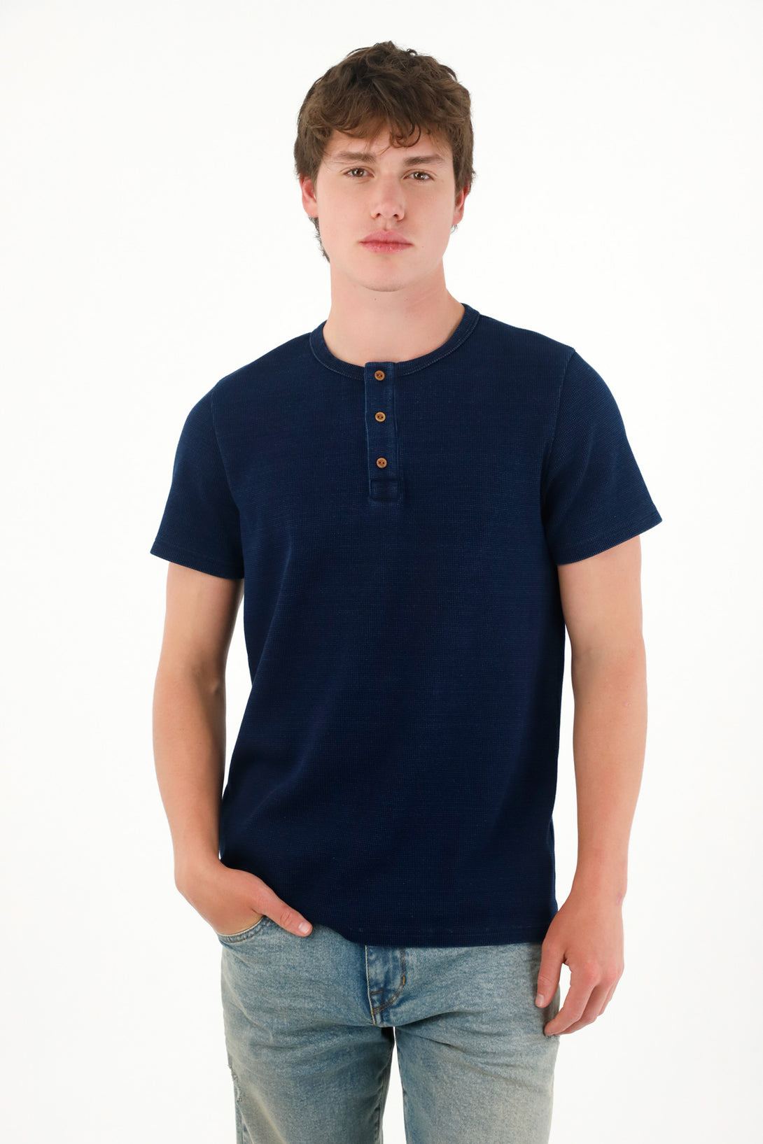 Textured Blue Cotton Blend T-Shirt for Men