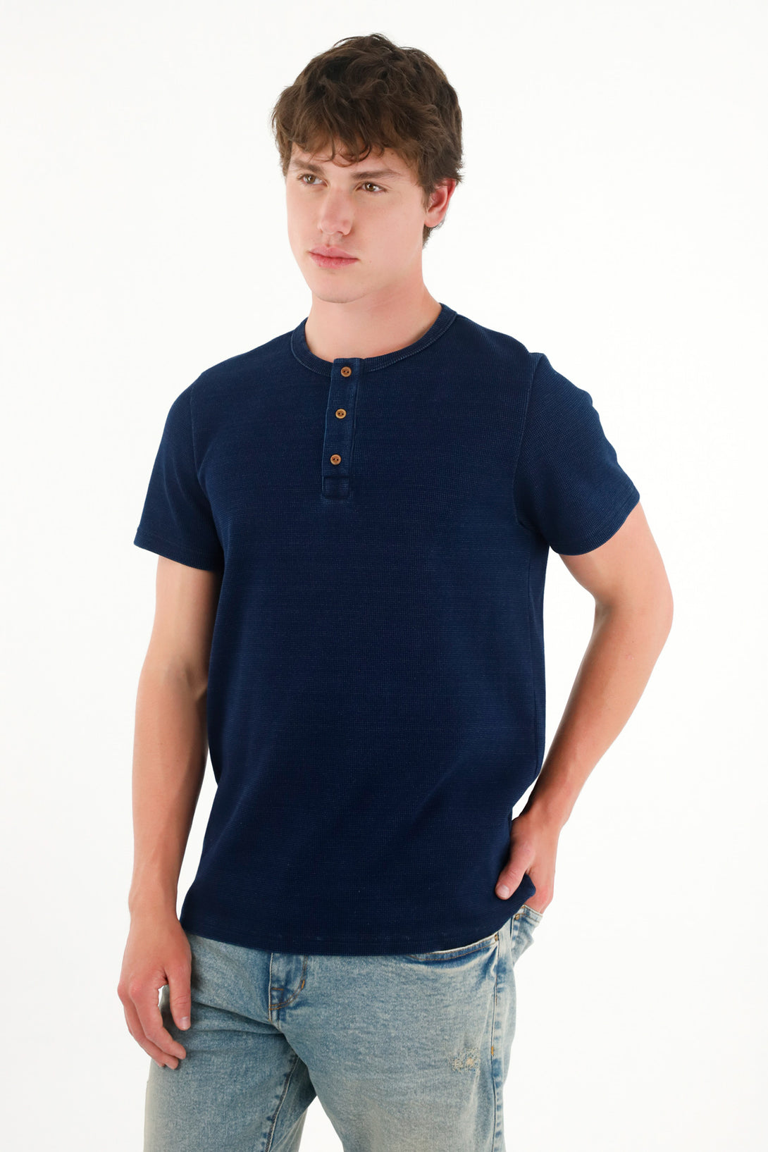 Textured Blue Cotton Blend T-Shirt for Men