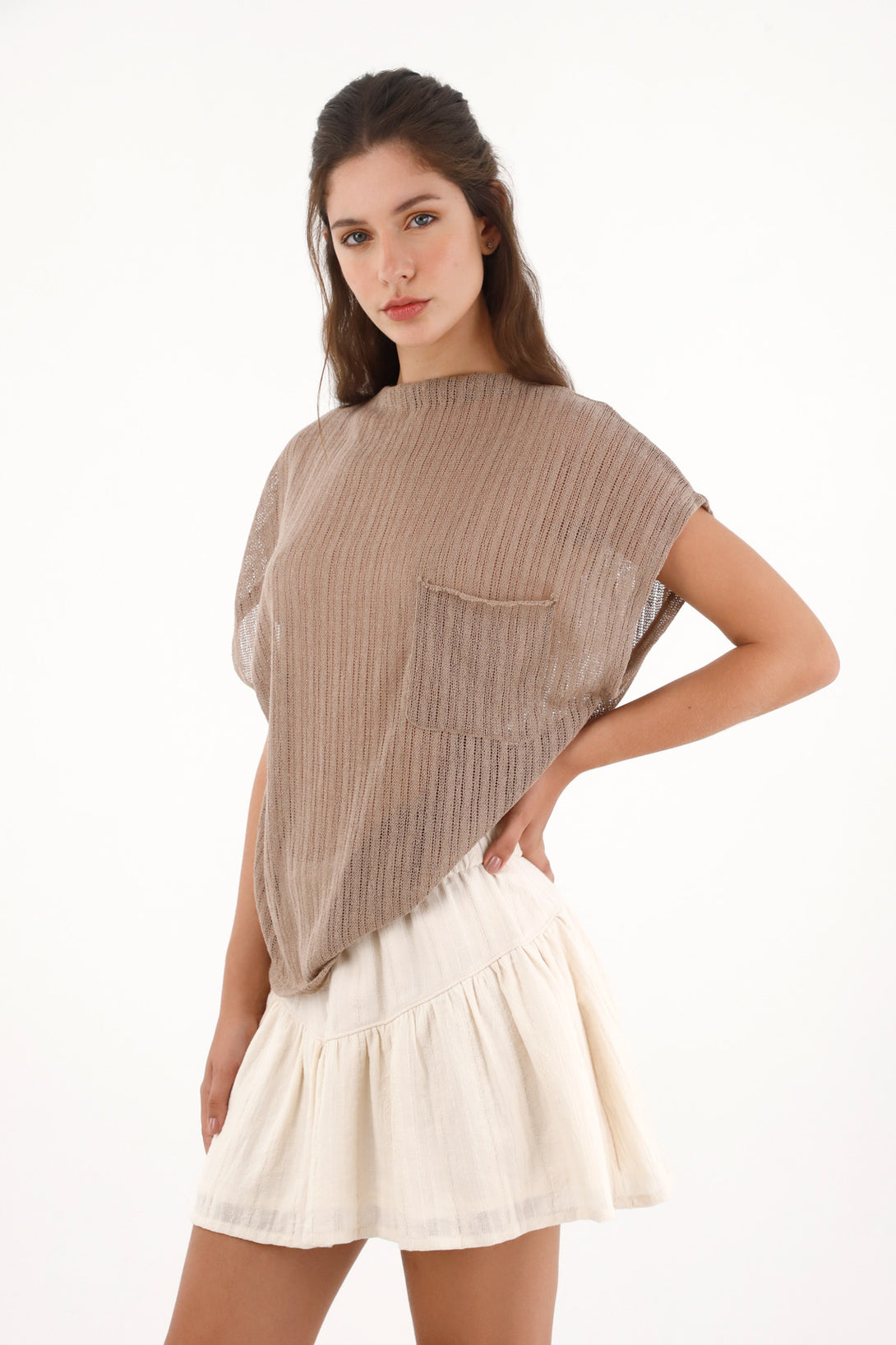 Women's Sheer Knit Top in Coffee Brown