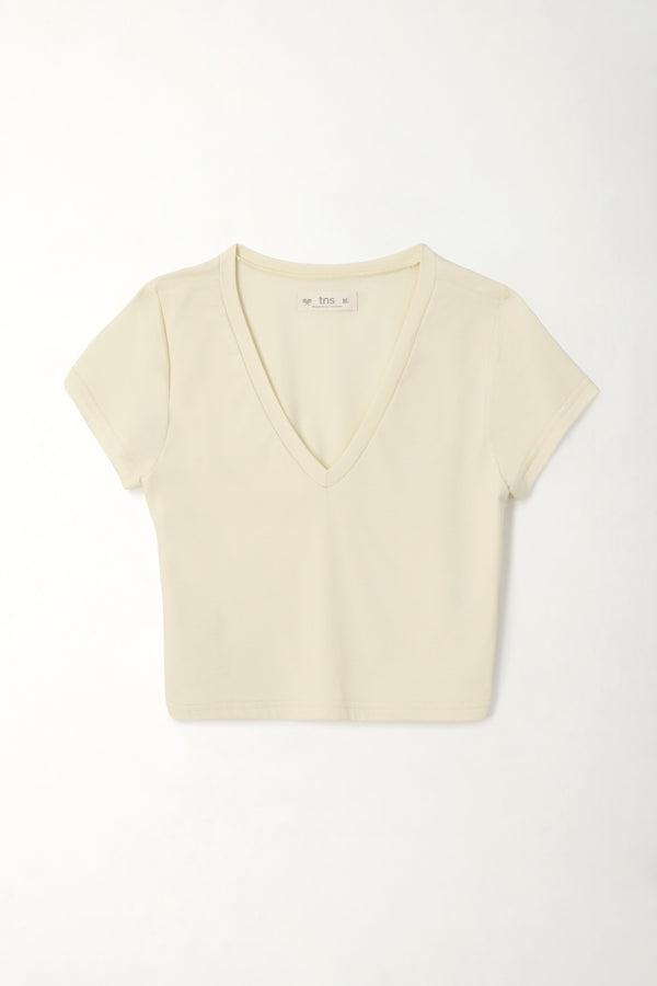 Camiseta crop con cuello en V amarilla para mujer