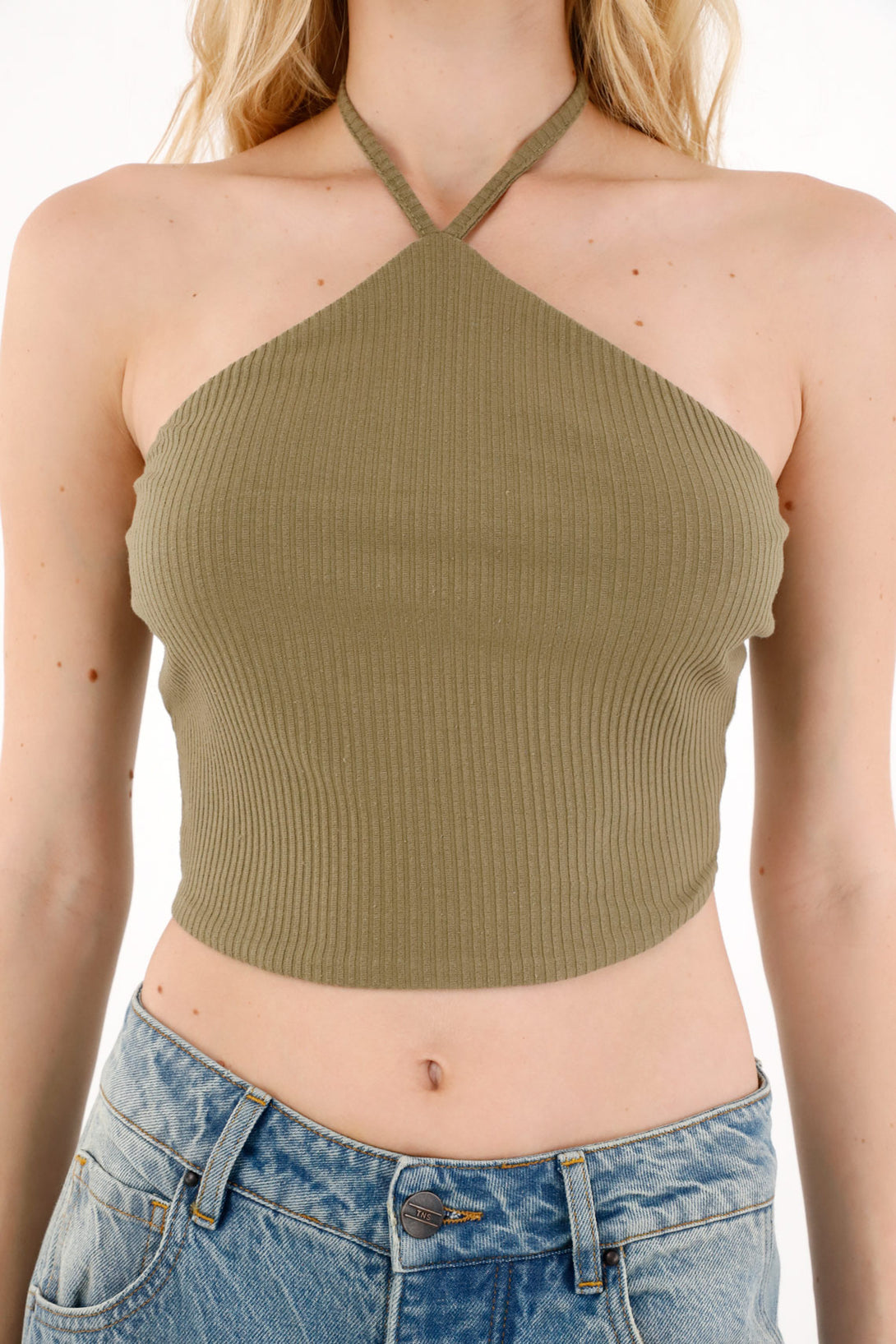 Camiseta crop cuello halter verde para mujer
