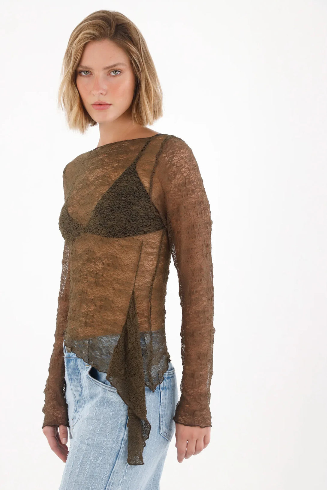 Camiseta manga larga en tela tipo blonda verde para mujer