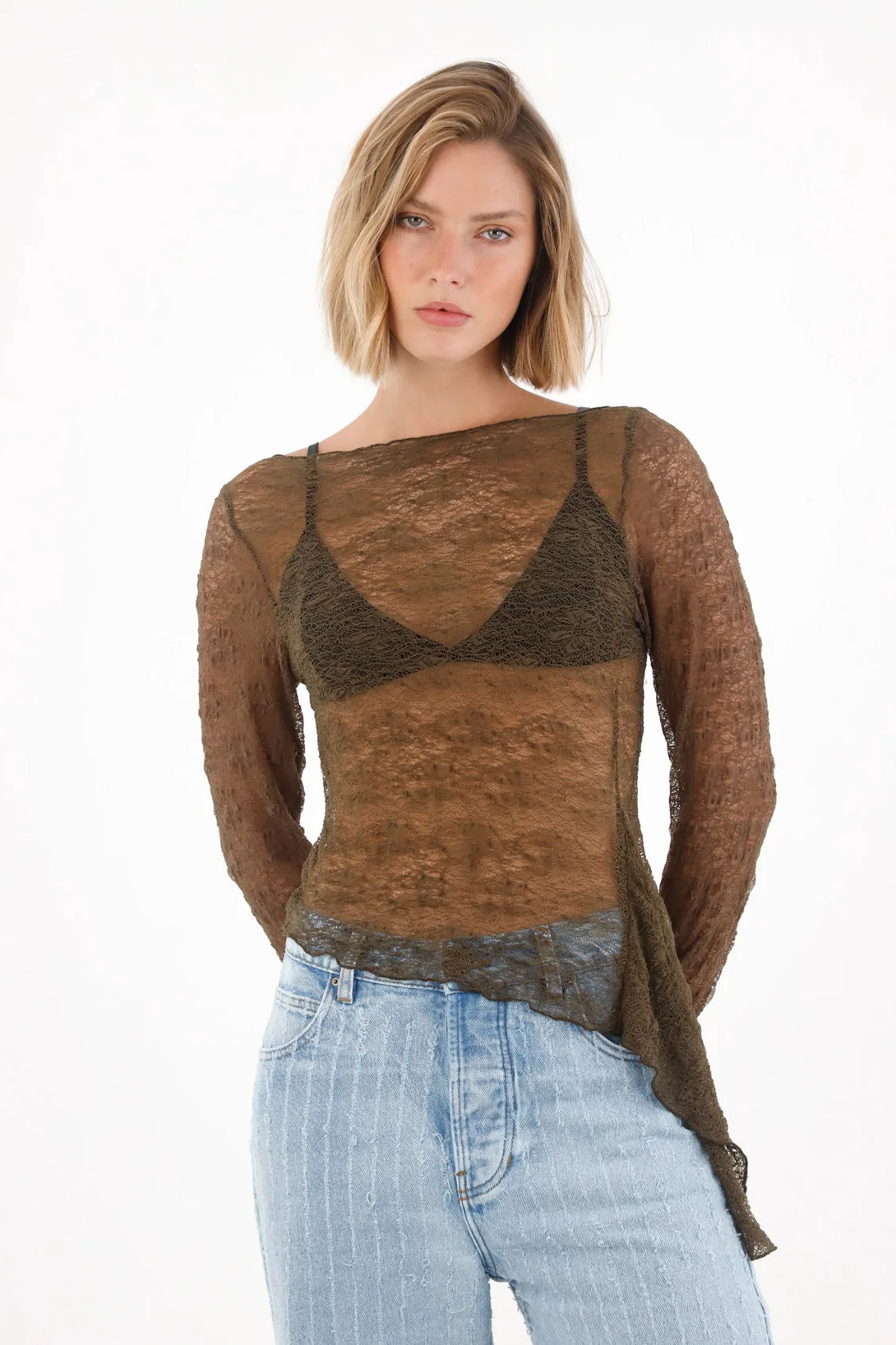 Camiseta manga larga en tela tipo blonda verde para mujer