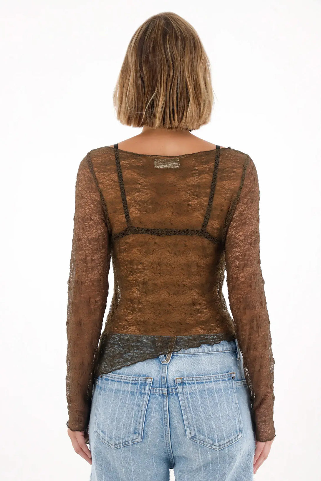 Camiseta manga larga en tela tipo blonda verde para mujer