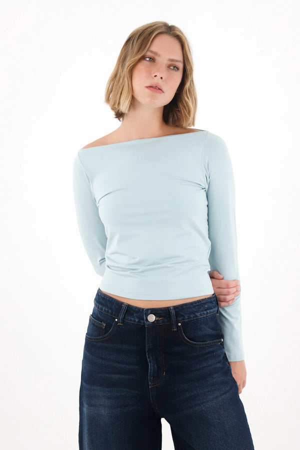 Camiseta cuello bandeja ajustada azul para mujer