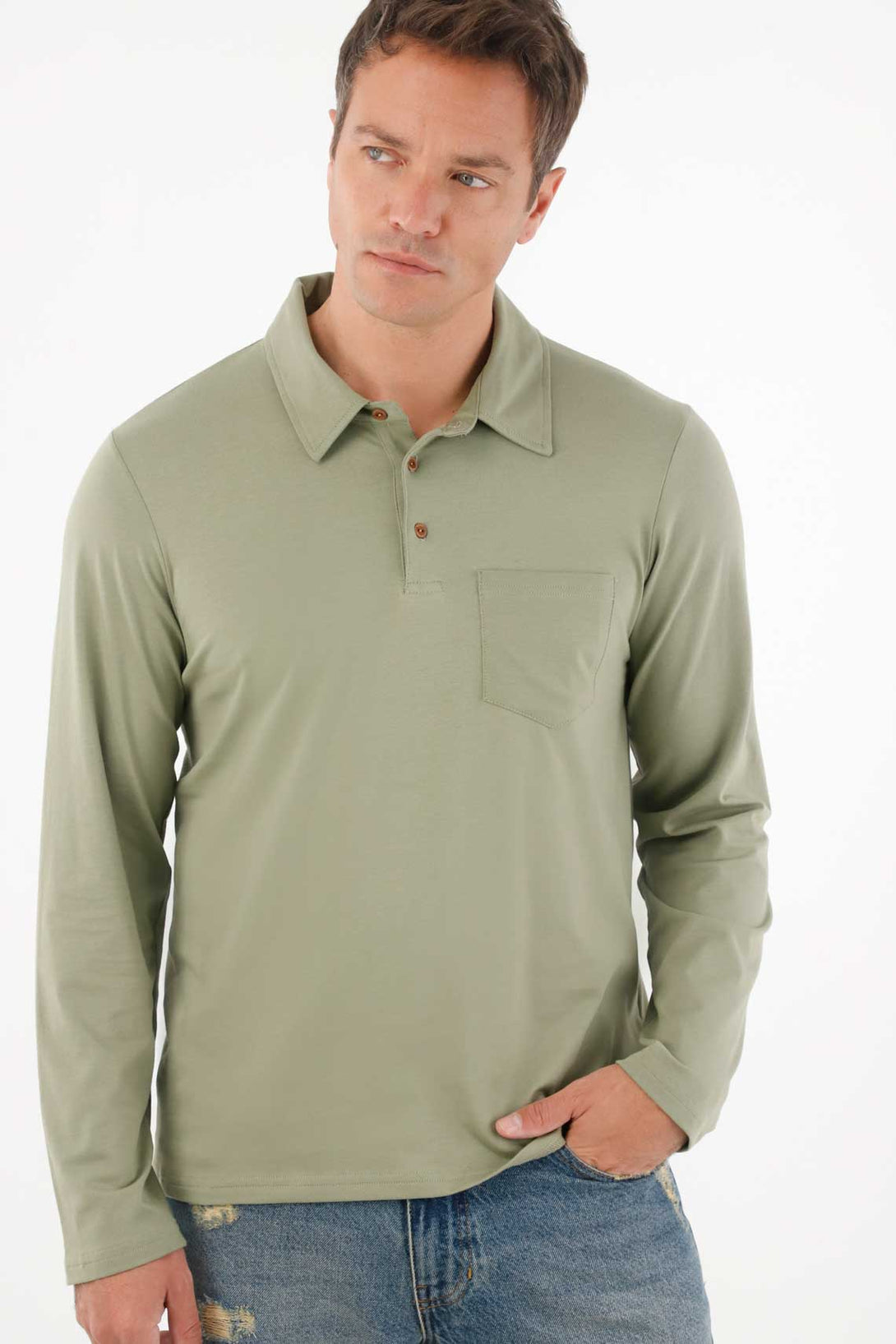 Men's Regular Fit Stretch Cotton Polo Shirt in Green with Pocket