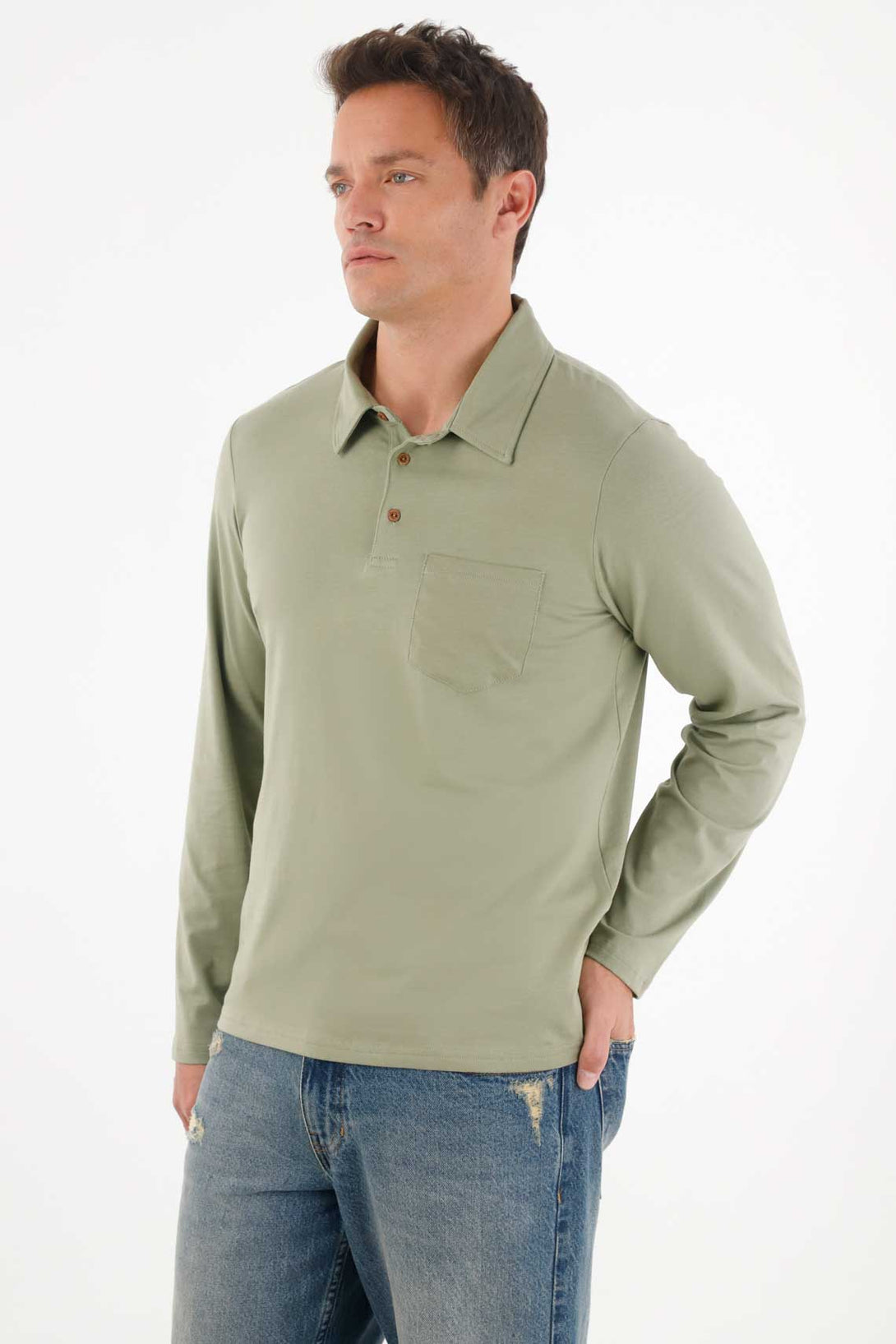 Men's Regular Fit Stretch Cotton Polo Shirt in Green with Pocket