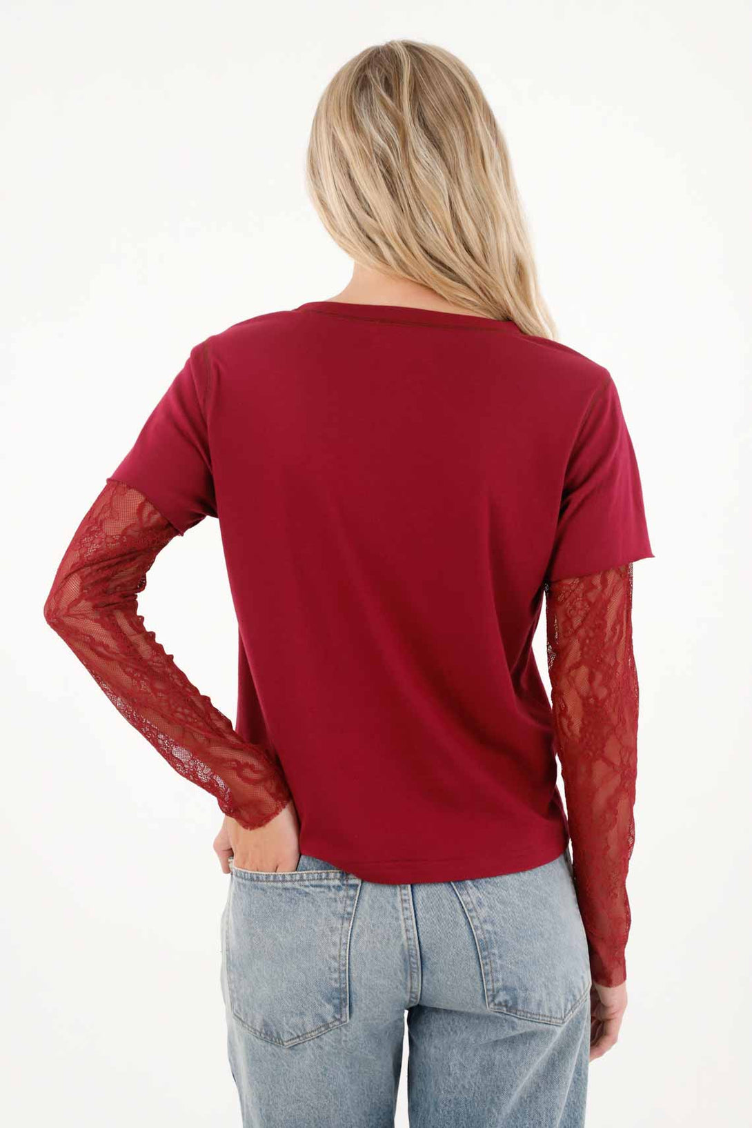 T-Shirt for Women in Wine Cotton Relaxed Fit with Lace