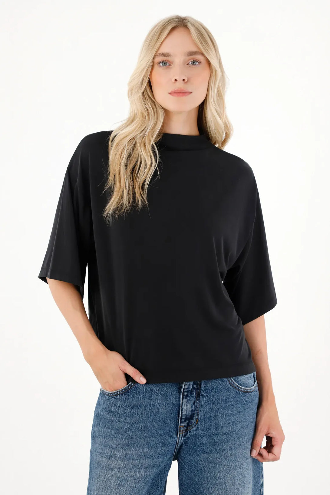 Black High Neck T-Shirt for Women