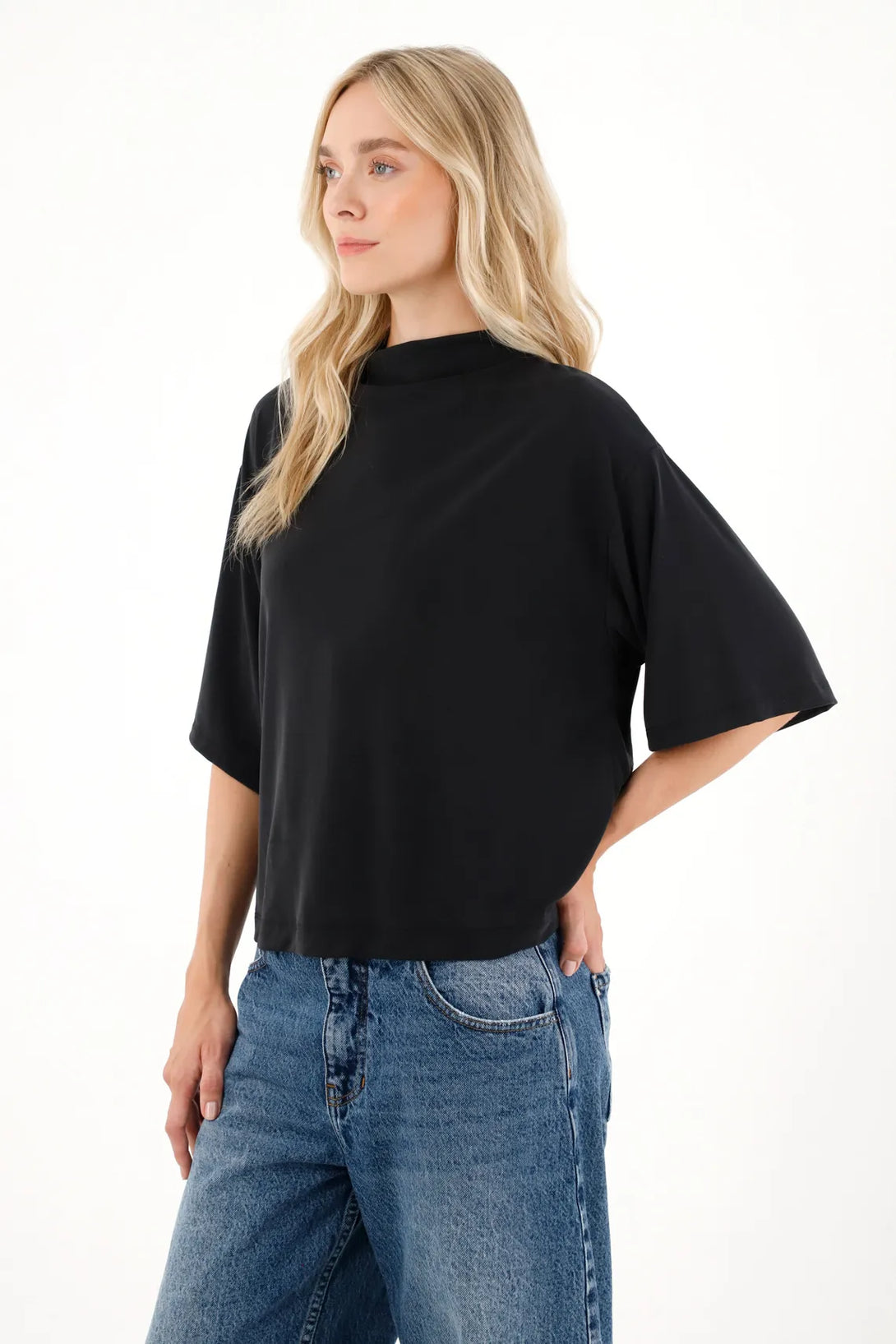 Black High Neck T-Shirt for Women