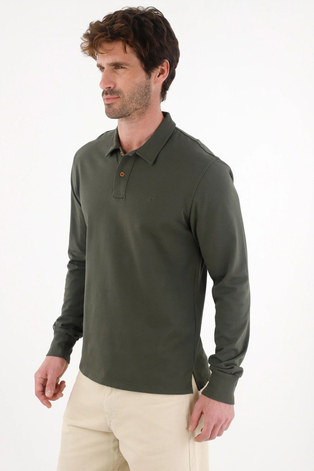 Long Sleeve Green Polo Shirt for Men