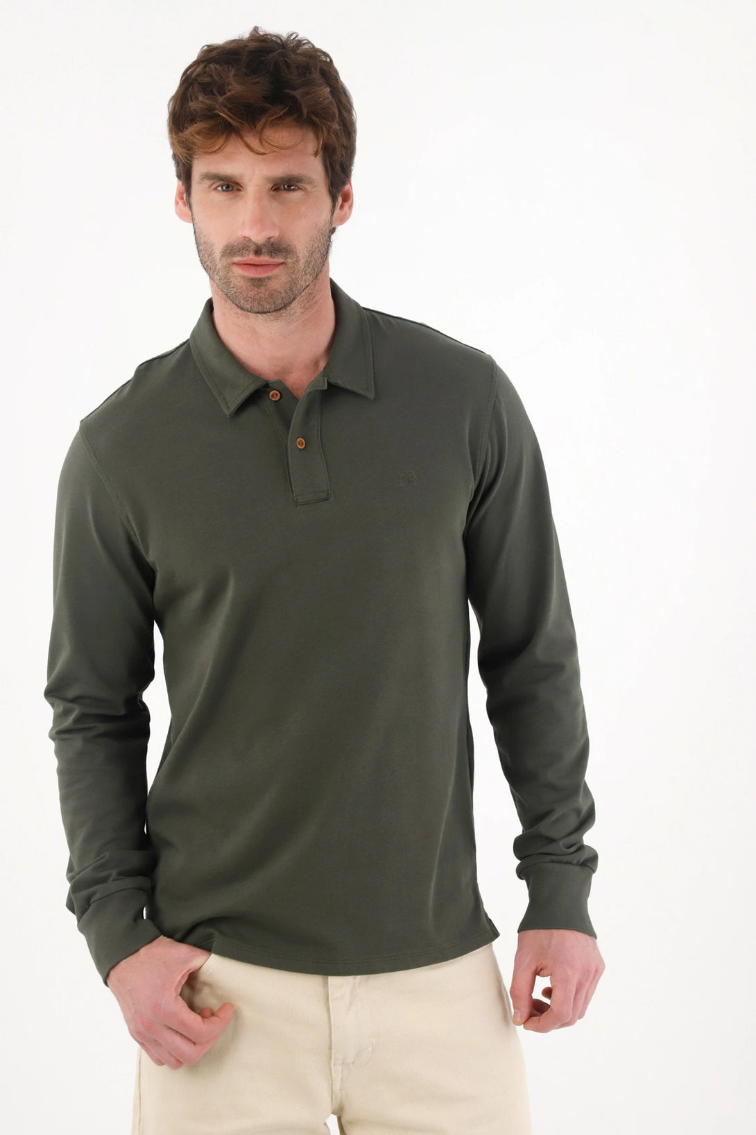 Long Sleeve Green Polo Shirt for Men