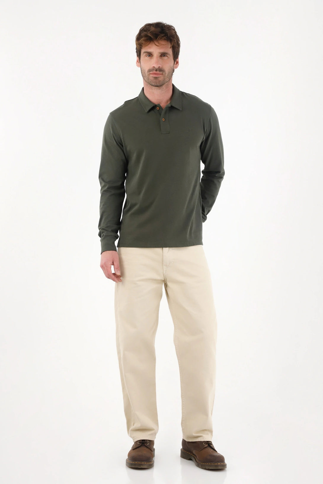 Long Sleeve Green Polo Shirt for Men