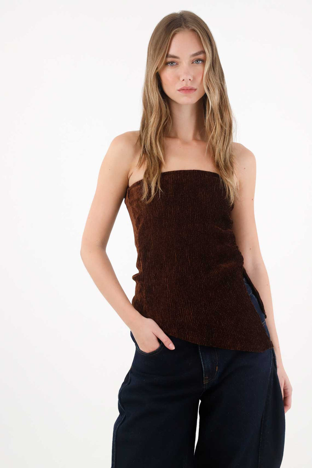 Strapless T-Shirt in Chocolate Velvet for Women