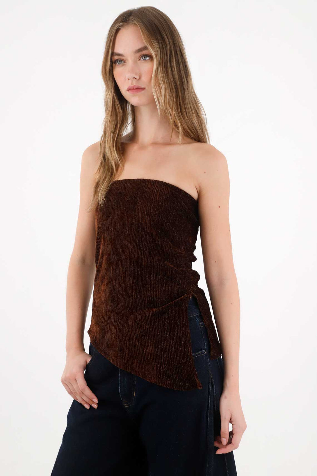 Strapless T-Shirt in Chocolate Velvet for Women