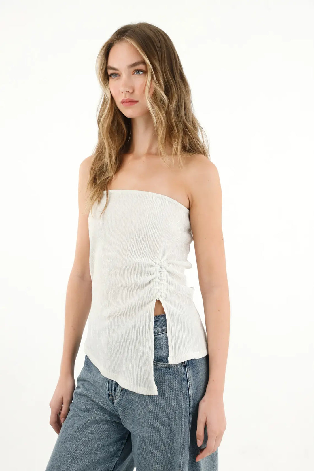 Strapless T-Shirt with Pointed Hem in Gray for Women